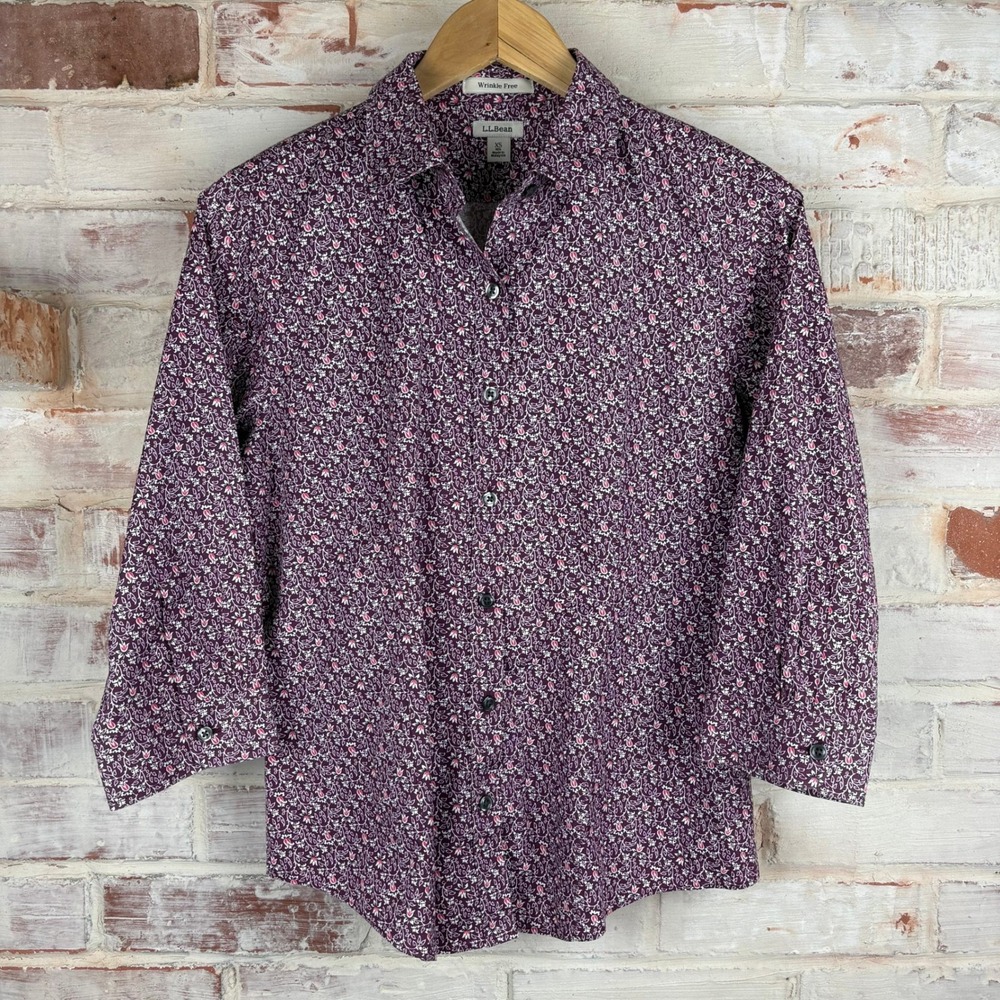 L.L.Bean Wrinkle Free 3/4 Floral Button Up Shirt Cotton Cottagecore Burgundy Xs